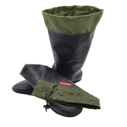 A pair of Pokeboo TREAD Packable Boots - one boot is stood up on its own. The other one is folded up flat on the floor and there is a white background