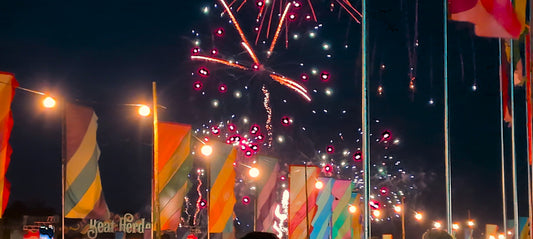Festival fireworks and flags