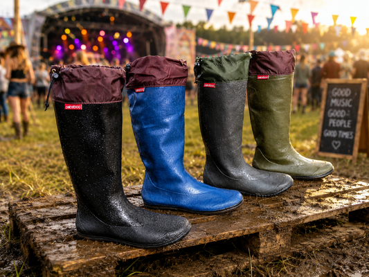 Pokeboo Packable Boots collection lined up on a pallet in field at a festival with the stage in the background.