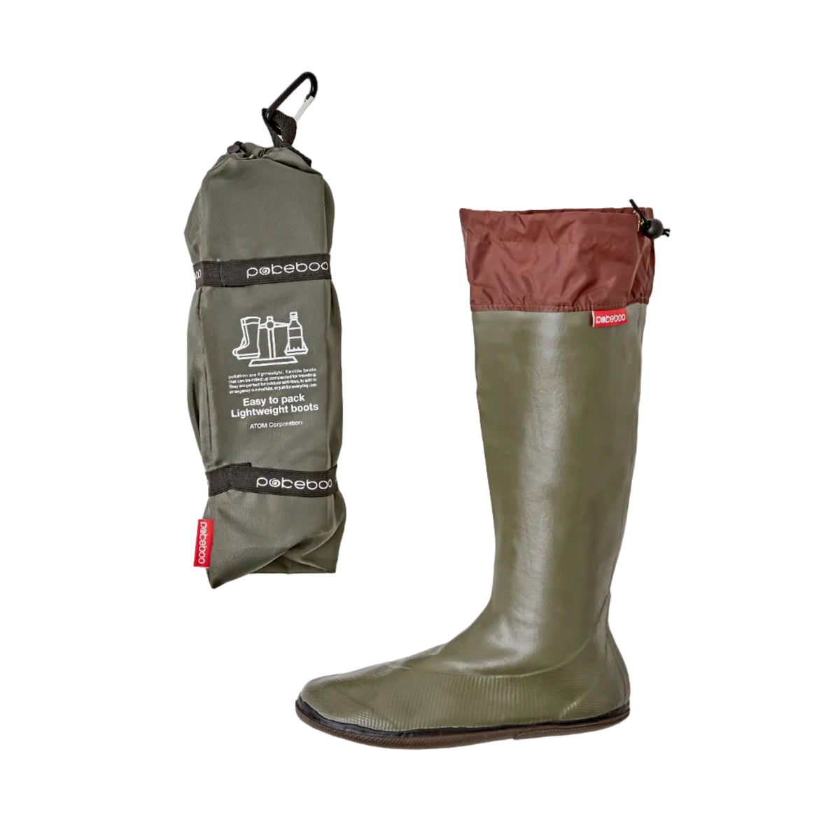 An khaki green Pokeboo waterproof knee-high boot shown next to its matching khaki green rolled storage pouch on a clean white background.