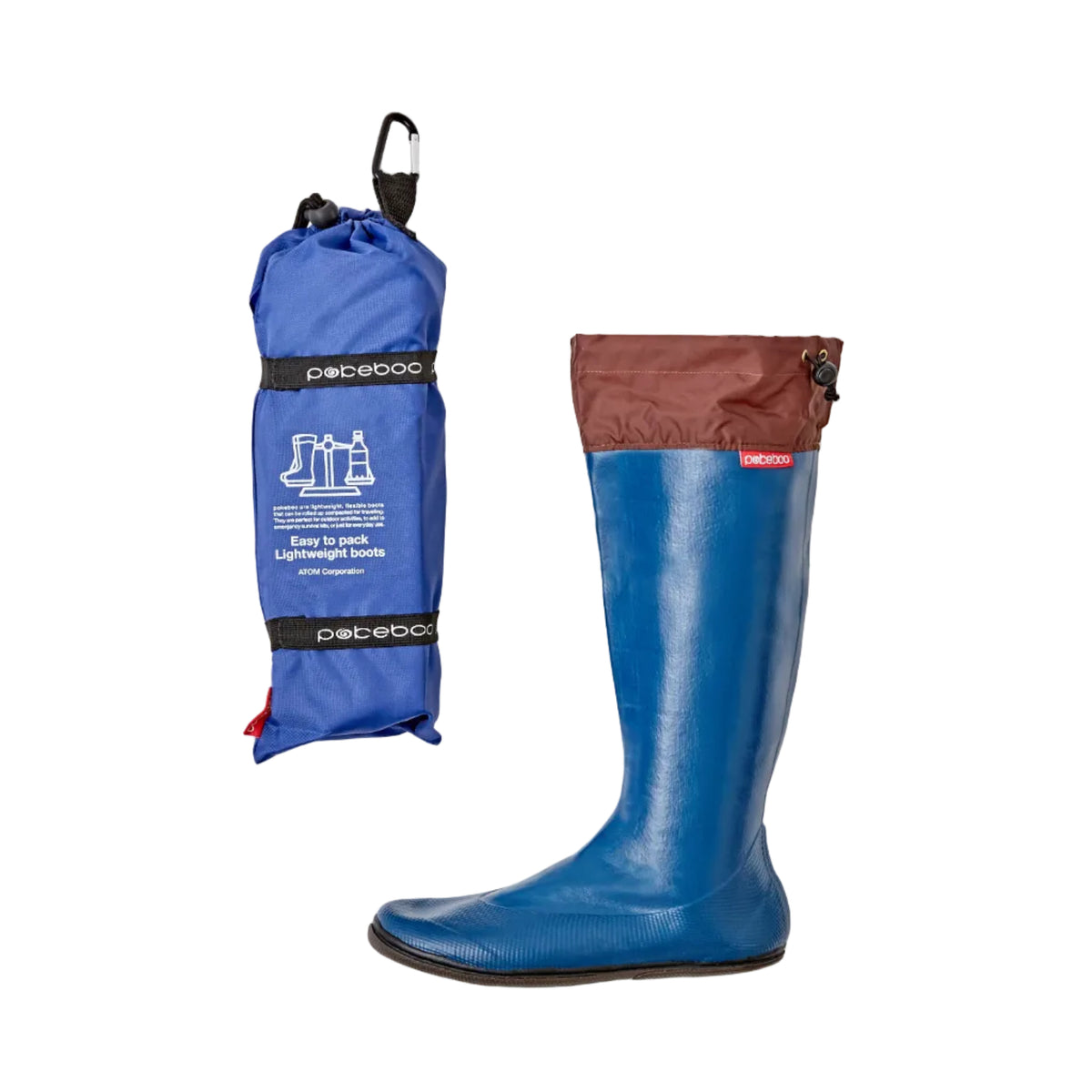 A Royal Blue Pokeboo welly boot with brown top and matching storage bag on a white background