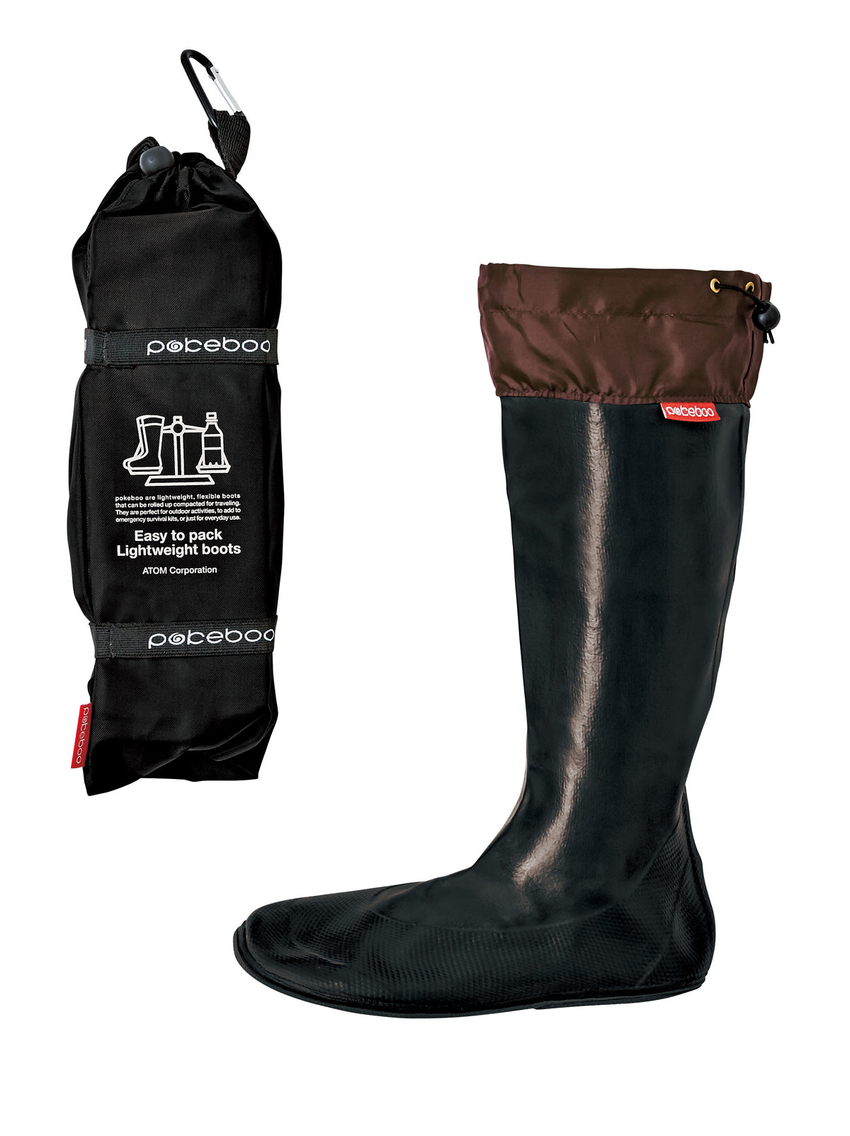Original Pokeboo Black welly boot with a matching storage bag on a white background