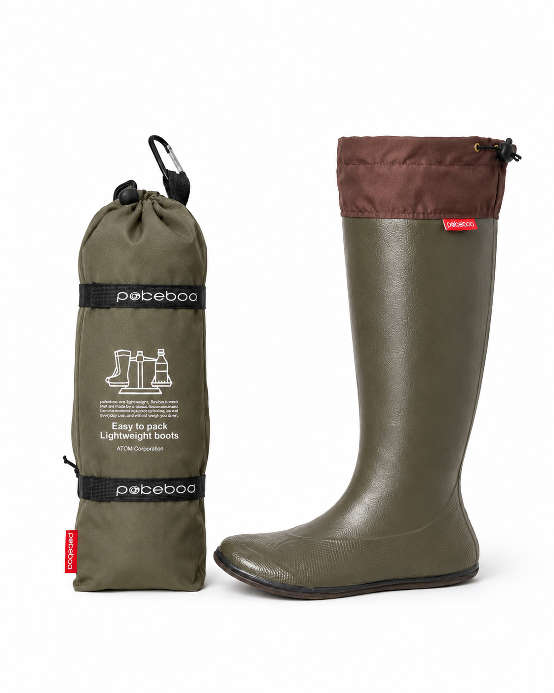 Khaki Green Original Pokeboo welly boot with brown top and matching storage bag on a white background