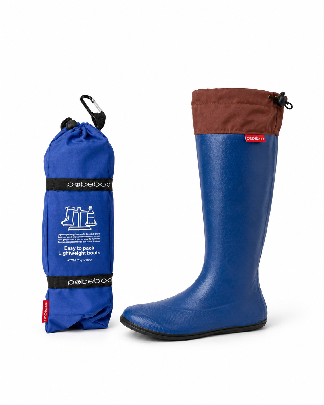 Original Pokeboo Royal Blue rain boot with brown top and matching drawstring bag on a white background