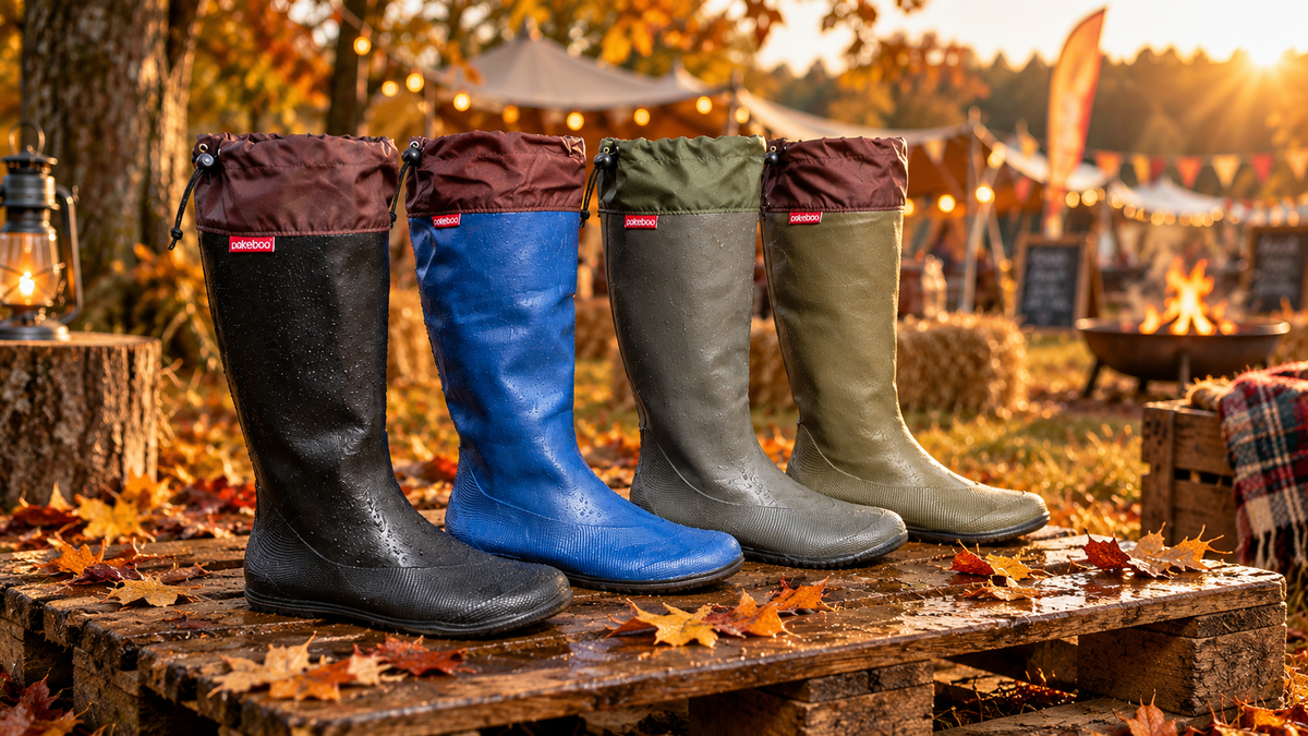 Four tall Pokeboo rubber rain boots in black, royal blue, charcoal, and khaki green are lined up on a rustic wooden pallet outdoors in autumn, with fallen leaves scattered around and a warm outdoor market or fire pit area in the background.