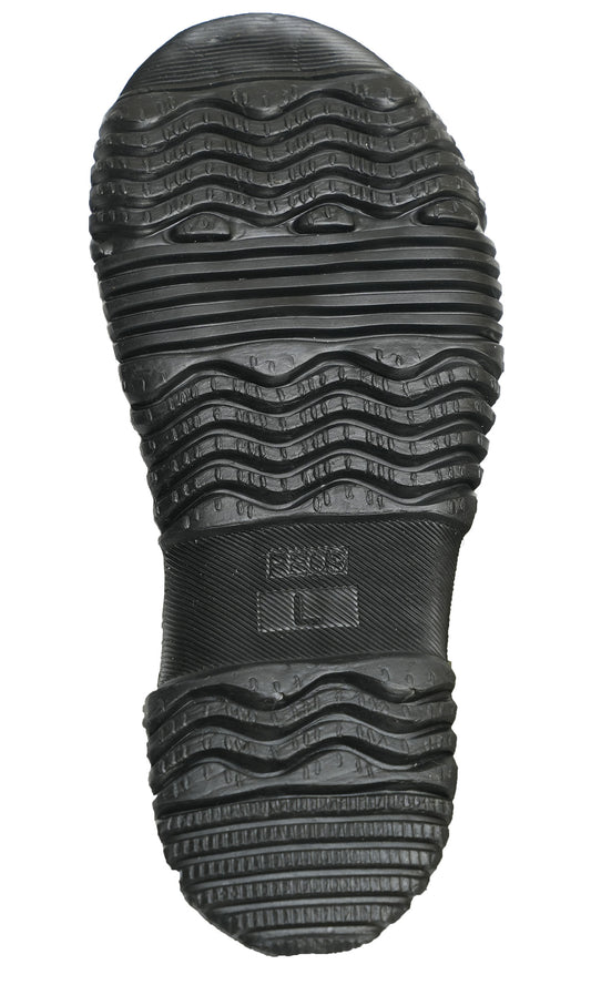 A close-up view of  the sole of Pokeboo TREAD black rubber shoe  bootssole with deep tread patterns, shown against a plain white background.