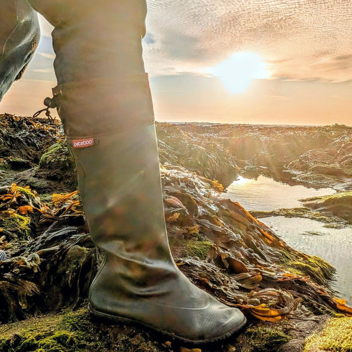 A person wearing a khaki green Pokeboo rubber boot stands on a rocky coastal path at sunset, with seaweed and water visible in the background. A small red Pokeboo brand tag is visible on the side of the boot.