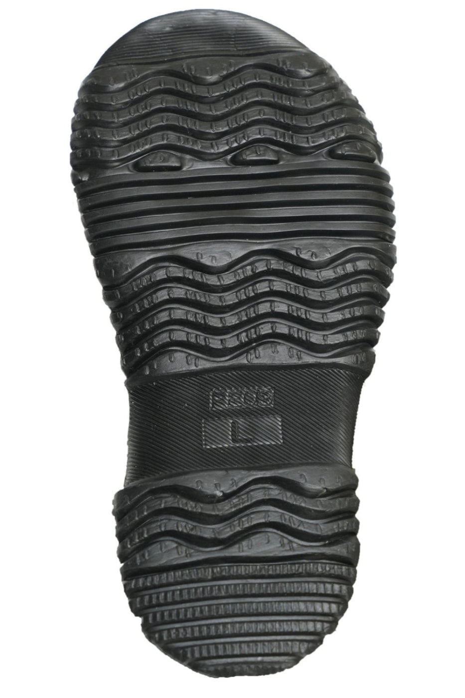 A close-up view of a black Pokeboo TREAD rubber shoe sole with deep tread patterns, shown against a plain white background.