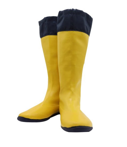 A pair of yellow Pokeboo wellington boots with navy blue foldable tops, displayed against a white background.